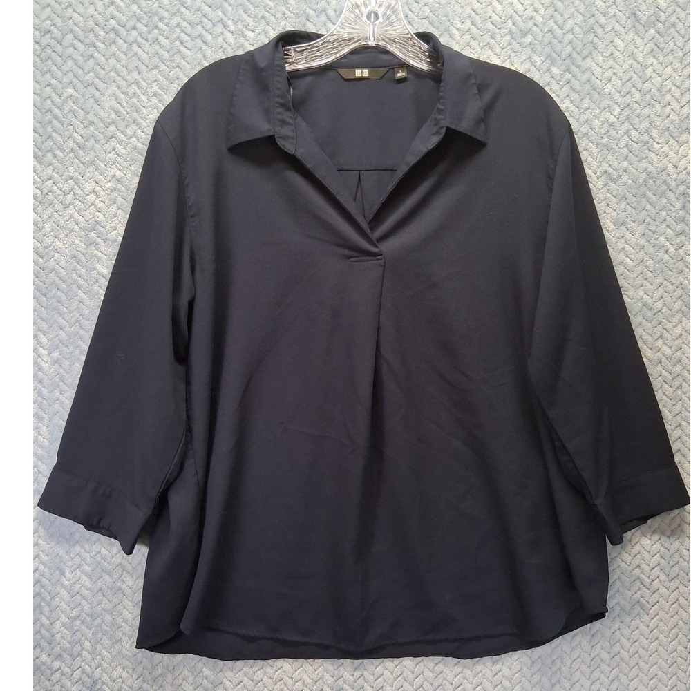 Uniqlo Womens Navy Blue Rayon Blend V-Neck 3/4 Sleeve Blouse Top Large Career